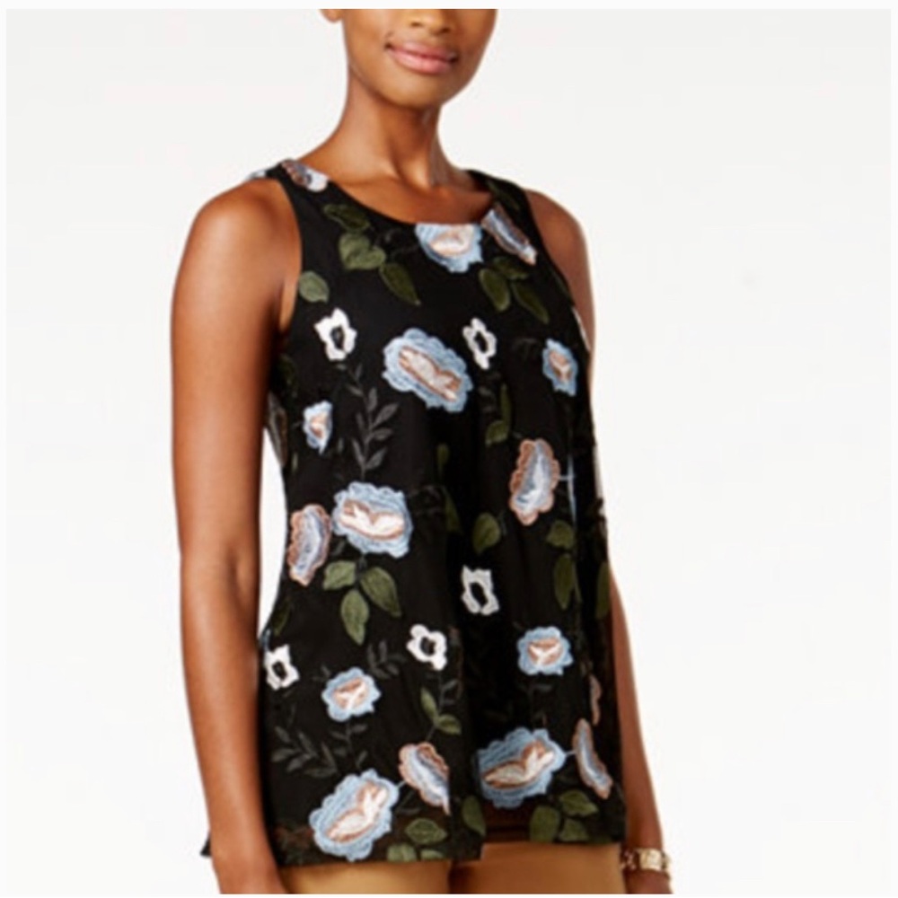 Charter Club semi sheer Black Floral Embroidered‎ Mesh Tank Blouse Top - Picture 7 of 10
